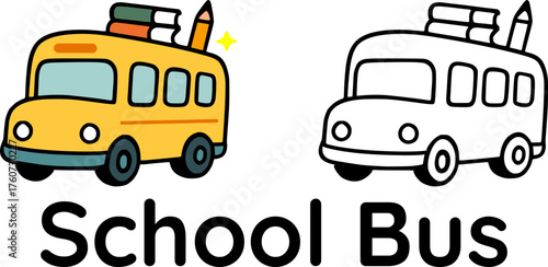 Flat vector of a school bus in color and outline version, kids learning theme