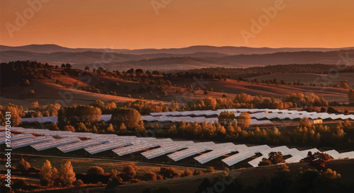 Solar farm panels capturing energy at sunset against rolling hills in a rural environment
