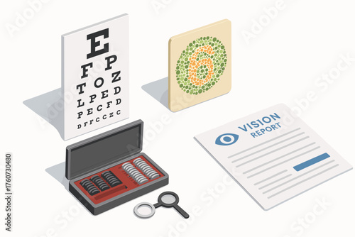 Eye examination tools with vision chart and color test for eye health assessment