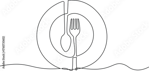 Continous one line Plate, Fork and Spoon. Hand drawn Cutlery Set Outline illustration  