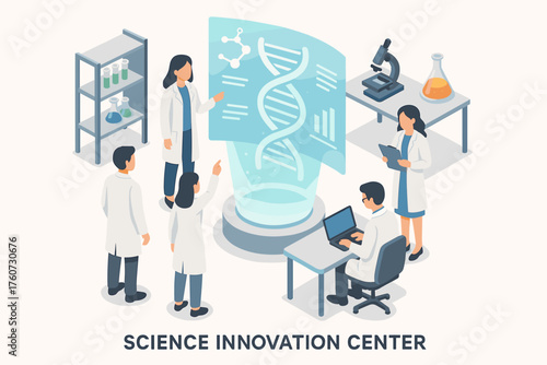 Diverse scientists collaborate in modern science innovation center
