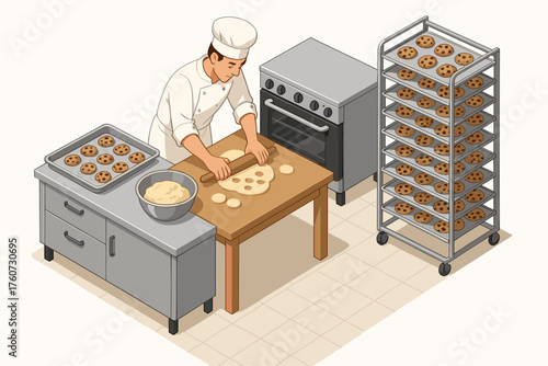 Male baker rolling dough in bakery kitchen with cookies on racks and ovens