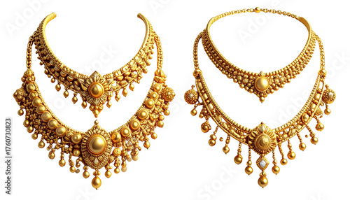 Two ornate luxury gold necklace sets isolated on transparent background (2)