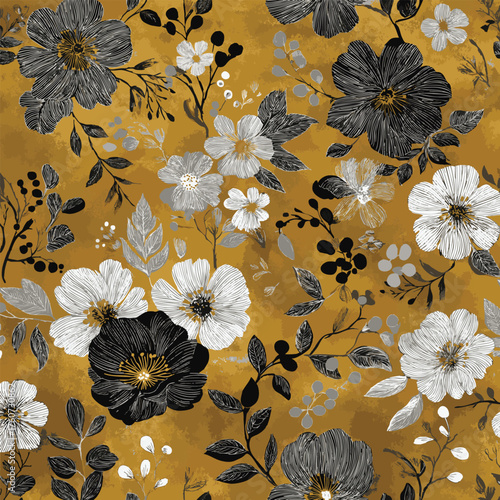 Seamless pattern featuring hand-drawn floral and leaf motifs. The design combines the textured feel of chalk, charcoal, and grunge with romantic black and white on a golden animal fur background.