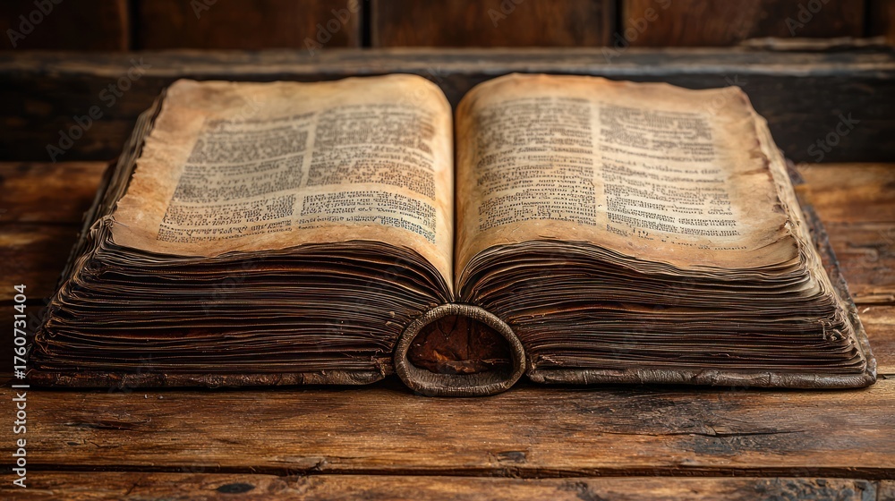 Obraz premium Antique book open, wooden table, rustic background, history study