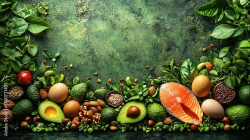 Healthy food ingredients on green background