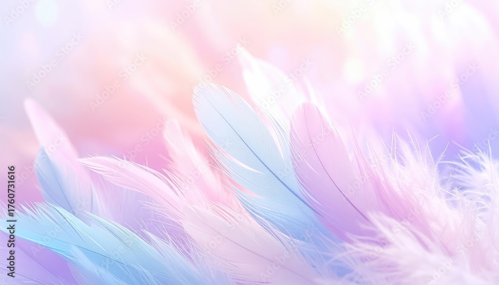 Obraz premium Soft pastel feathers in a bokeh blur; delicate and ethereal, with blue, pink, and lavender tones