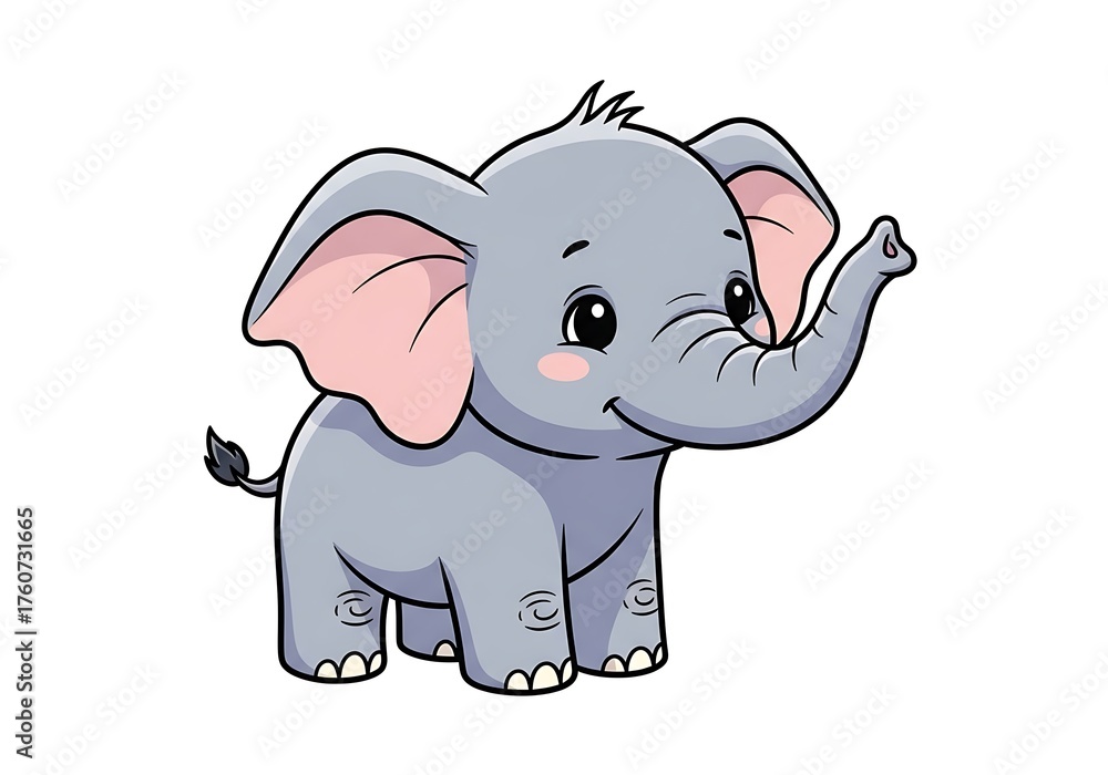 Naklejka premium Cute baby elephant cartoon character isolated on white background, standing and smiling with its trunk up, adorable and playful