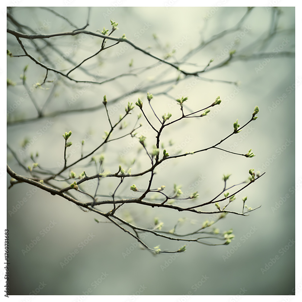 Obraz premium Delicate spring buds unfurling on graceful tree branches, evoking a sense of renewal, peace, and the promise of new beginnings in a tranquil natural setting