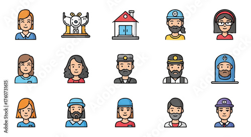 A diverse collection of colorful vector avatar icons, featuring various professional and personal character portraits for user interface design