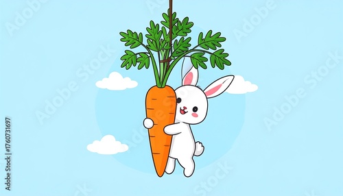 Cute bunny holding giant carrot on string