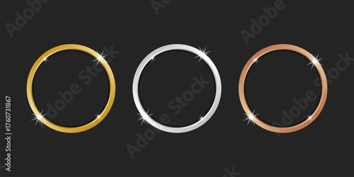 A set of round frames made of gold, silver and bronze. Thin metal rings for decoration of medals or awards. Blank glossy buttons or stamps on a black background. Vector illustration