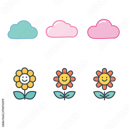 set of cloud and flower smiling