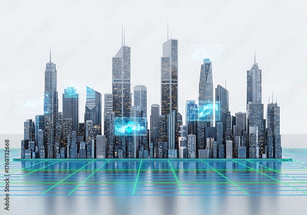 Fototapeta premium Futuristic city skyline with digital overlay isolated on white background, representing innovation, technology, and urban development