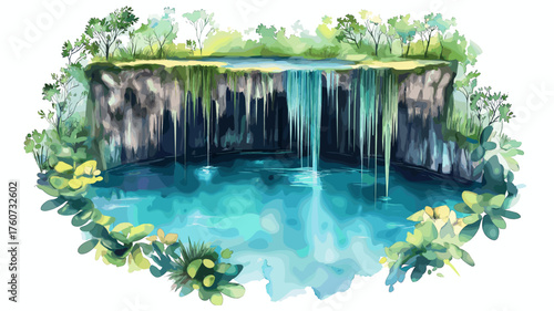 Cenotes of Yucat?n. Cenotes of Yucat?n hand drawn watercolor illustration