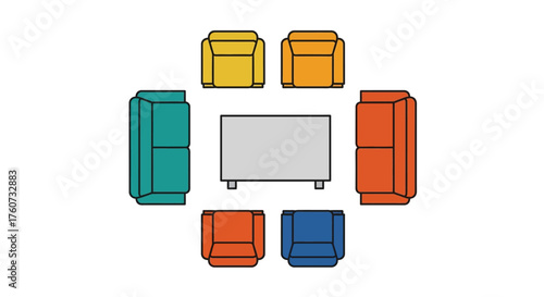 seating arrangement drawing colorful sofas and chairs around a rectangular coffee table perfect room planning for interior design visualization.