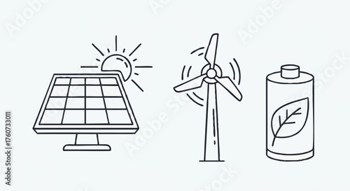 Solar panel, wind turbine, and battery icons representing renewable energy sources and storage