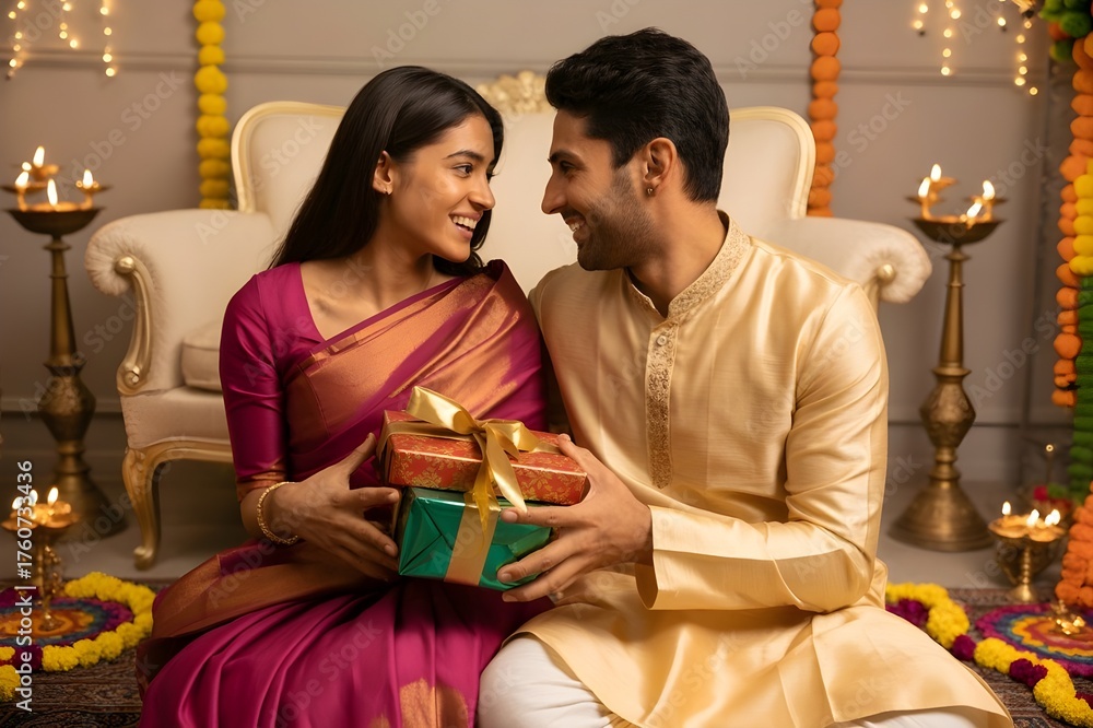 Obraz premium Young Indian couple in traditional attire exchanging wrapped Diwali gifts indoors, sitting on sofa surrounded by festive decorations, smiling warmly at each other – AI generated