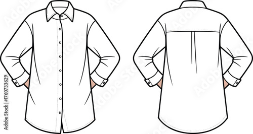 Button-up shirt technical sketch, front and back view, fashion flat drawing, vector template, garment construction outline, apparel design illustration, pleated back mockup