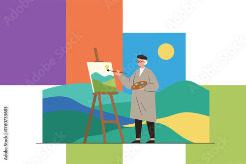 Senior artist painting a vibrant landscape on an easel embodying creativity hobby and leisure