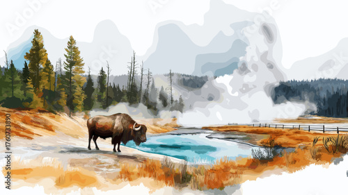 Yellowstone National Park. Yellowstone National Park hand drawn watercolor illustration