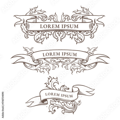 Three antique style ribbons with ornamental elements.