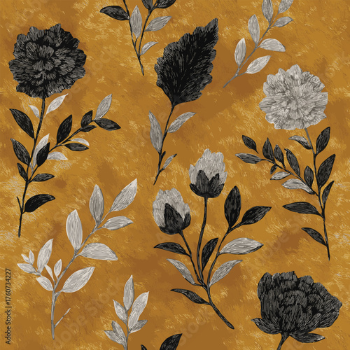 Seamless pattern featuring hand-drawn floral and leaf motifs. The design combines the textured feel of chalk, charcoal, and grunge with romantic black and white on a golden animal fur background.