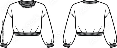 Cropped sweatshirt technical sketch, front and back view, fashion flat drawing, vector template, puff sleeve design, apparel construction illustration