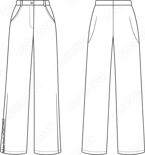 High waist wide-leg pants fashion flat, front and back technical sketch, belt loops, button closure, garment design, vector illustration, clothing template