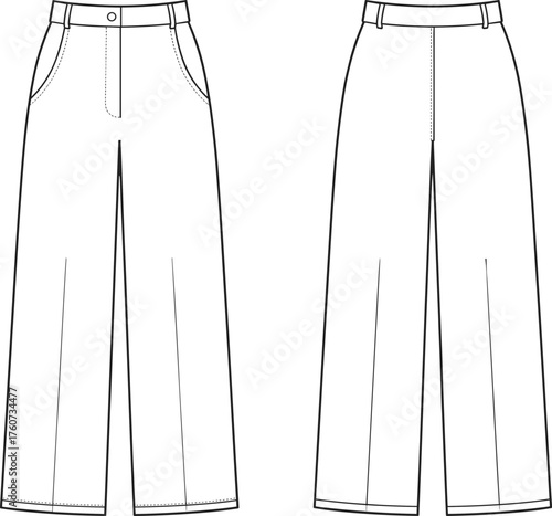 High waist wide-leg pants fashion flat, front and back technical sketch, belt loops, fly front, side pockets, garment design, vector illustration