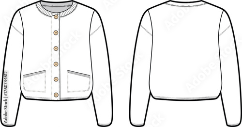 Long sleeve cardigan technical sketch, front and back view, fashion flat drawing, apparel design template, vector outline, garment construction illustration