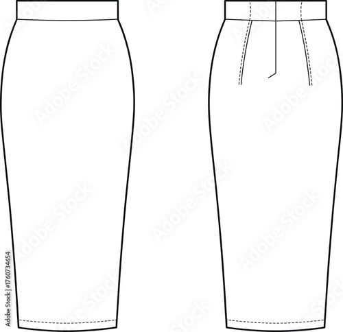 Pencil skirt fashion sketch vector, high waist, back zipper and darts, straight hemline, front and back view, garment design illustration
