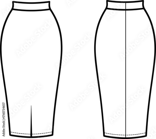 Pencil skirt fashion sketch vector, high waist, center front slit, back seam, fitted silhouette, front and back view, garment design illustration