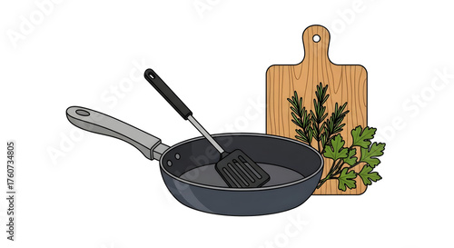 Frying pan spatula cutting board and herbs on white background Keywords: frying pan, spatula
