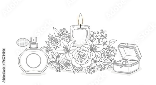 Line art of candle flowers perfume and jewelry box Keywords: line art, illustration, candle