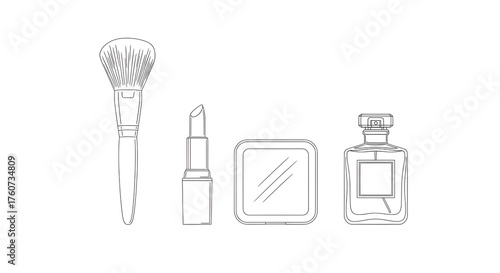 Makeup brush lipstick compact and perfume line art