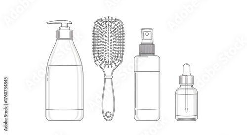 Outline drawings of cosmetic bottles and hairbrush Keywords: bottle, pump bottle, spray bottle