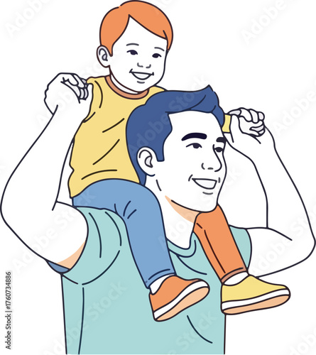 Ein Vater trägt seinen Sohn auf den Schultern.