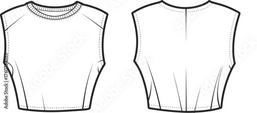 Sleeveless cropped top fashion sketch vector, round neckline, fitted silhouette, seam and dart detail, front and back view, garment design illustration