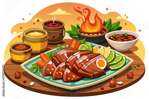 vector of Moping. Pieces of pork seasoned with sweet sauce and charcoal aroma, hearty taste. Moping should be eaten with hands, it should be eaten in the hot weather of Bangkok...