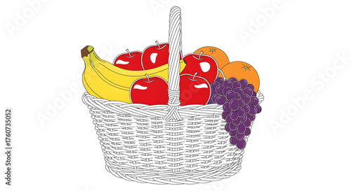 Wicker basket filled with fresh fruit on white background