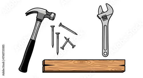 Woodworking tools and materials illustration on white