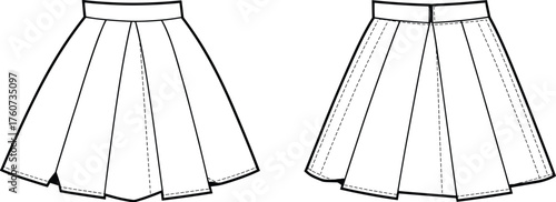 Technical sketch of box pleated skirt, front and back view, waistband, topstitching, zipper closure, structured silhouette, fashion vector template