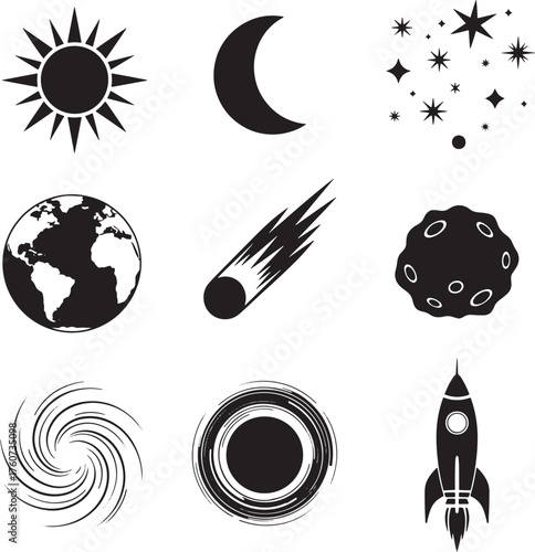 Space and cosmic icons set, sun, moon, stars, Earth, comet, asteroid, galaxy, ringed planet, rocket vector.