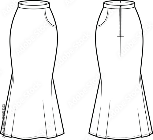 Technical sketch of mermaid skirt design, front and back view, high waist, curved pockets, zipper closure, flared panels, fashion vector template