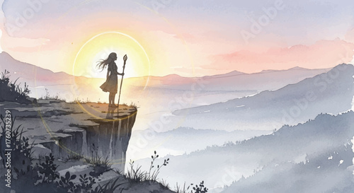 A lone explorer stands majestically on a dramatic cliff edge, gazing at a breathtaking sunrise over a vast, mystical mountain landscape, evoking wonder and epic adventure