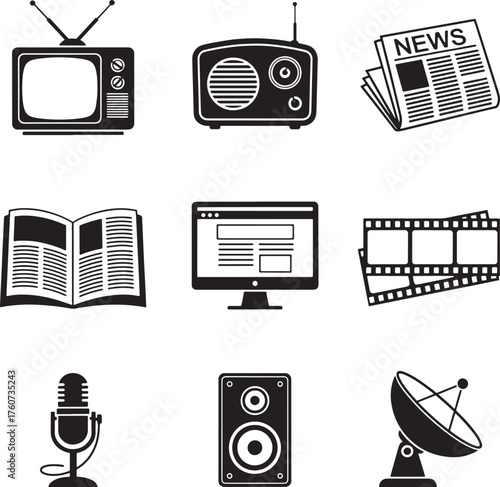 Media and entertainment icons set, TV, radio, newspaper, magazine, website, film, microphone, speaker, satellite dish vector.