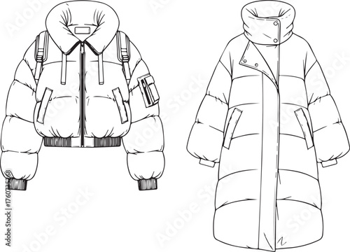 Puffer jacket fashion illustration with cropped and long coat styles