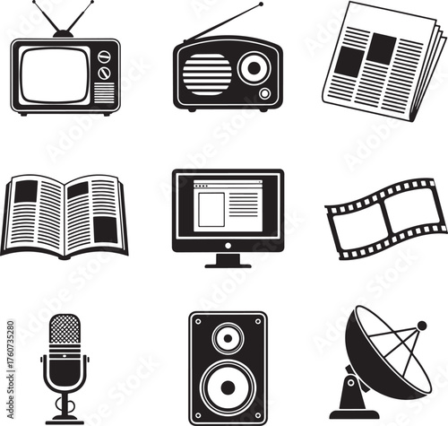 Media and entertainment icons set, TV, radio, newspaper, magazine, website, film, microphone, speaker, satellite dish vector.
