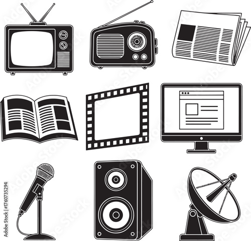 Media and entertainment icons set, TV, radio, newspaper, magazine, website, film, microphone, speaker, satellite dish vector.